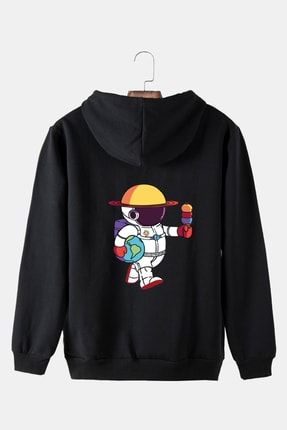 Unisex Siyah Kapüşonlu Arkası Astronot Baskılı Slim Fit Kanguru Cepli Sweatshirt BRS20Y-5200322-27
