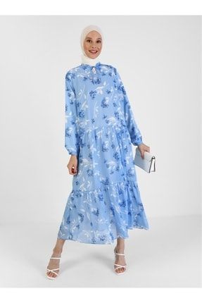 Bağlama Detaylı Astarlı Şifon Tesettür Elbise - Mavi Beyaz Çiçekli - Woman 8165603