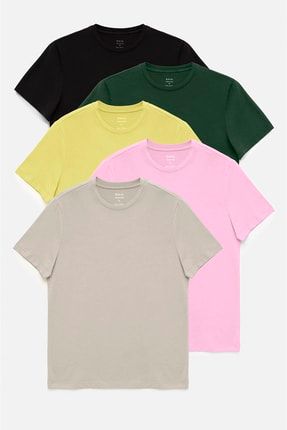 Erkek Siyah-Bej-Sarı-Açık Pembe-Yeşil 5'li Bisiklet Yaka %100 Pamuk Basic T-Shirt E001021