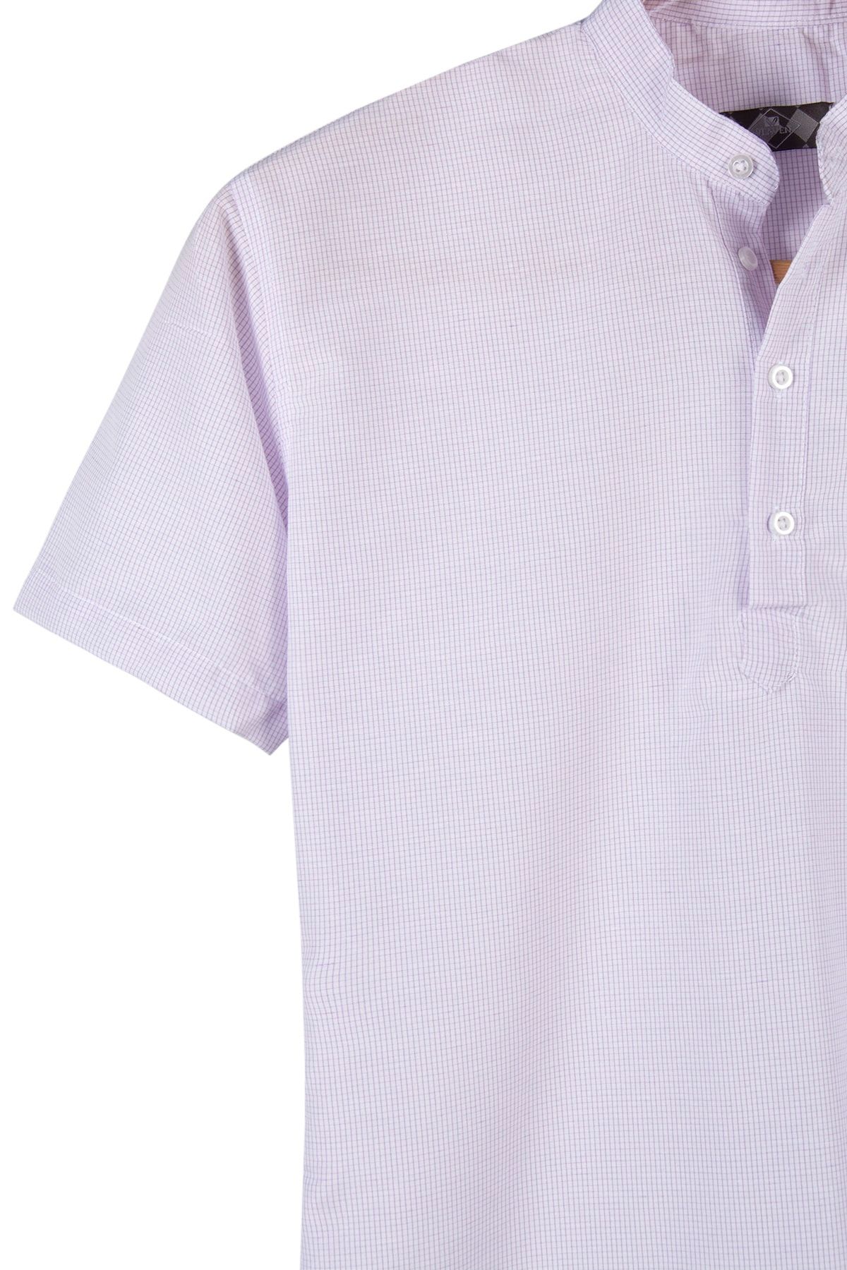 VEAVEN-Cămașă pentru bărbați cu guler liliac, în carouri, cu mânecă scurtă, slim fit 2
