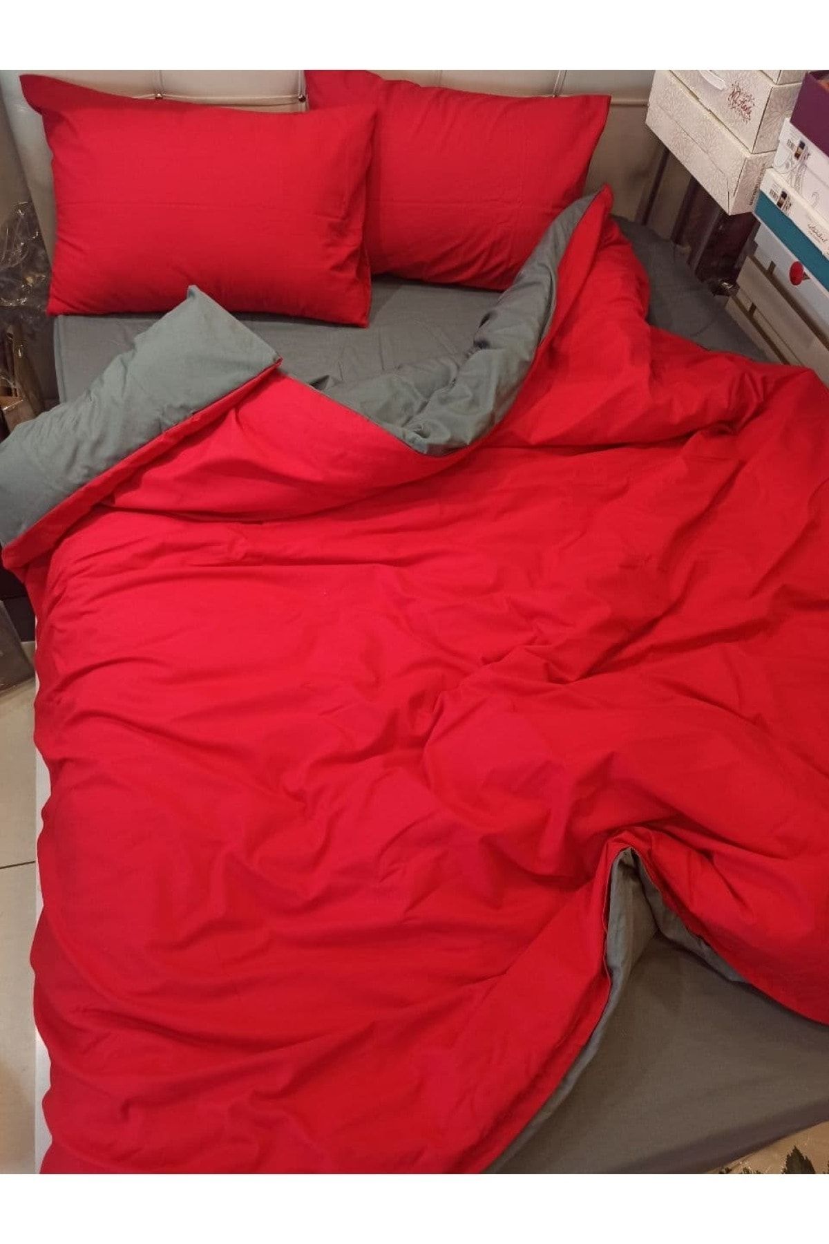 ŞENER HOME-Double Sided Useable Sheet Elastic Double Duvet Cover Set - Red, Gray 5