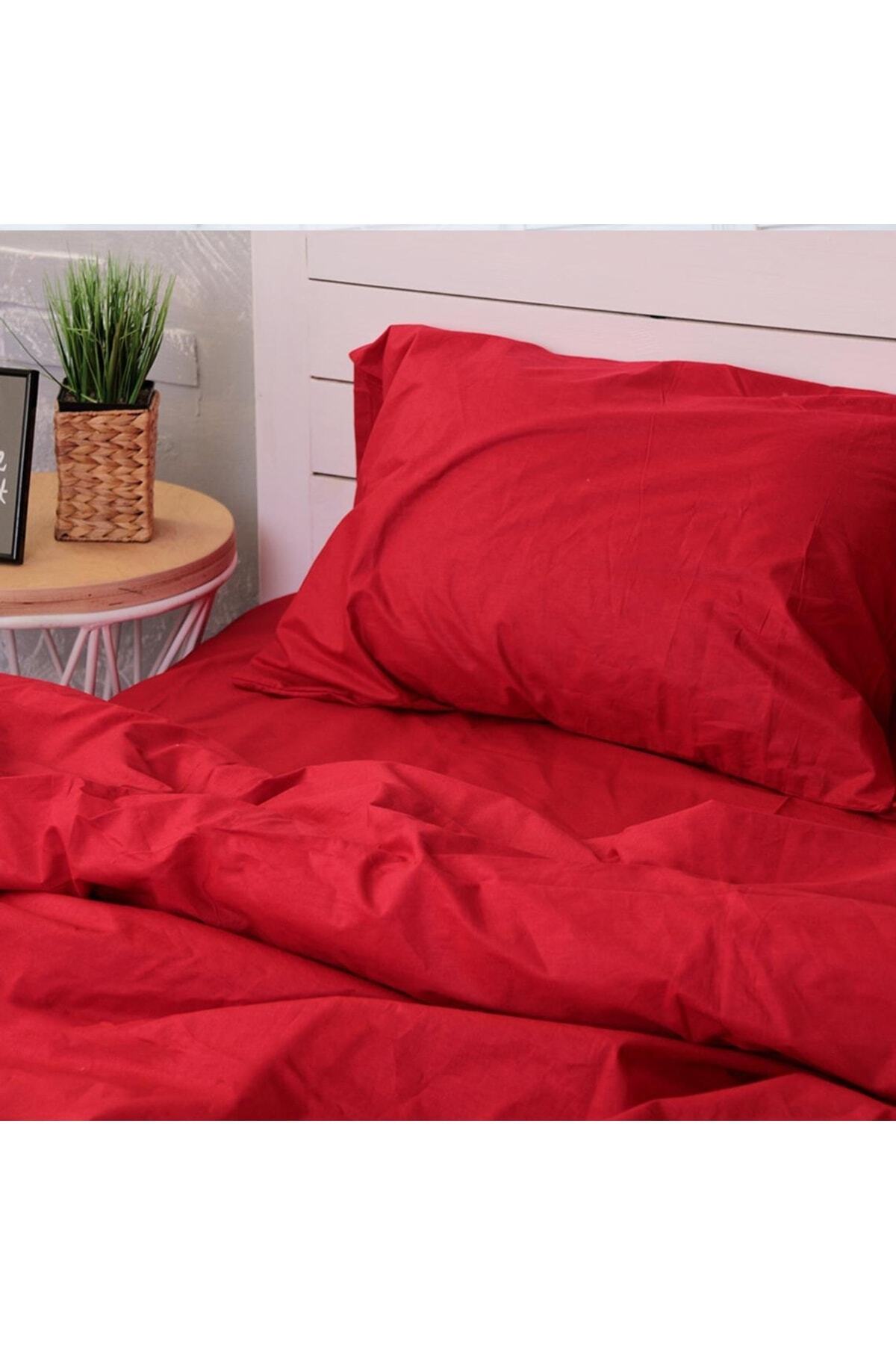 ŞENER HOME-Single Color Single Duvet Cover Set with Double Sided Usable Sheet Elastic - Red 3