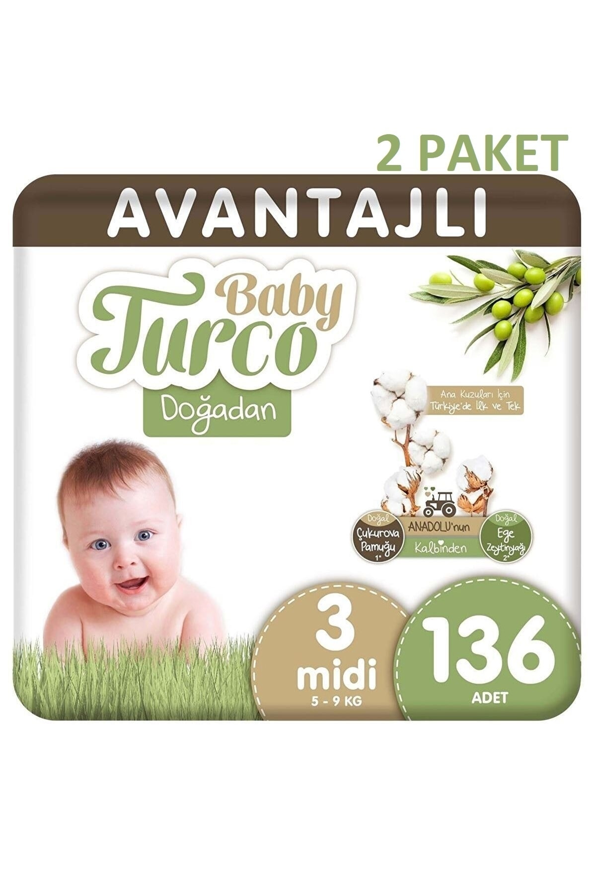 Baby Turco Doğadan Avantajlı Bebek Bezi 3 Numara Midi 136*2 Toplam 272 Adet