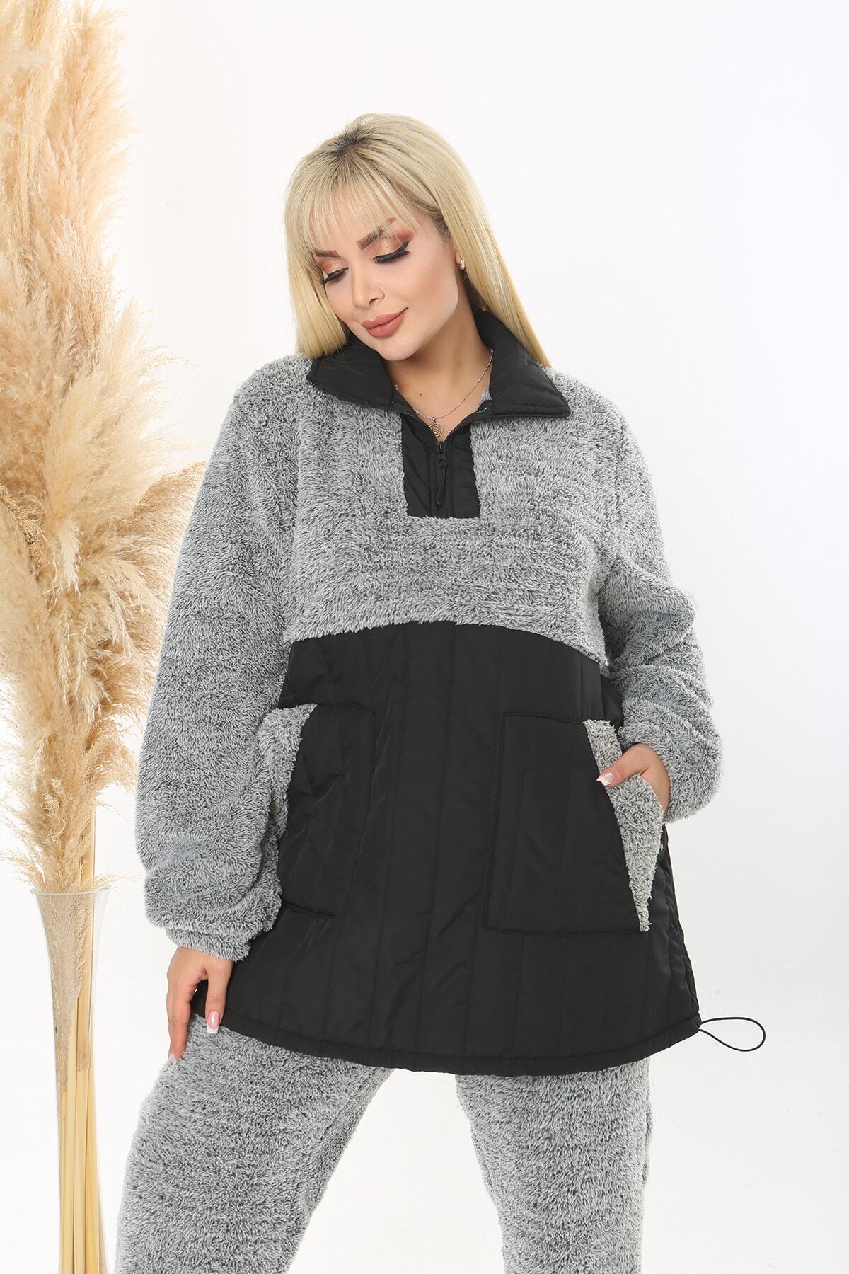 XL Modam-Set de pluș pentru femei de mărime mare, gri și negru 5