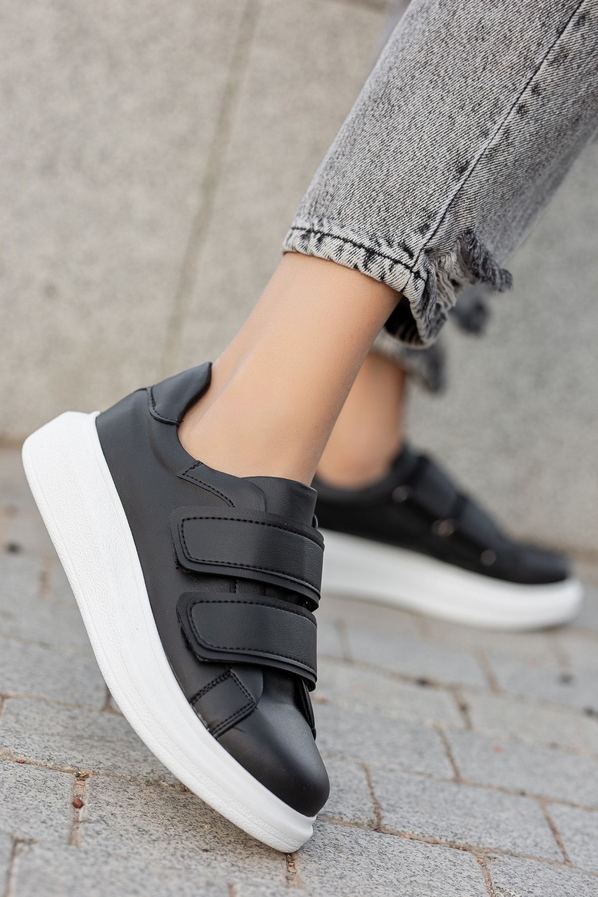 BOUIS-Pantofi de sport durabil, din piele artificială, alb-negru, cu velcro, cu talpă groasă, pantofi flexibili și eleganti 1