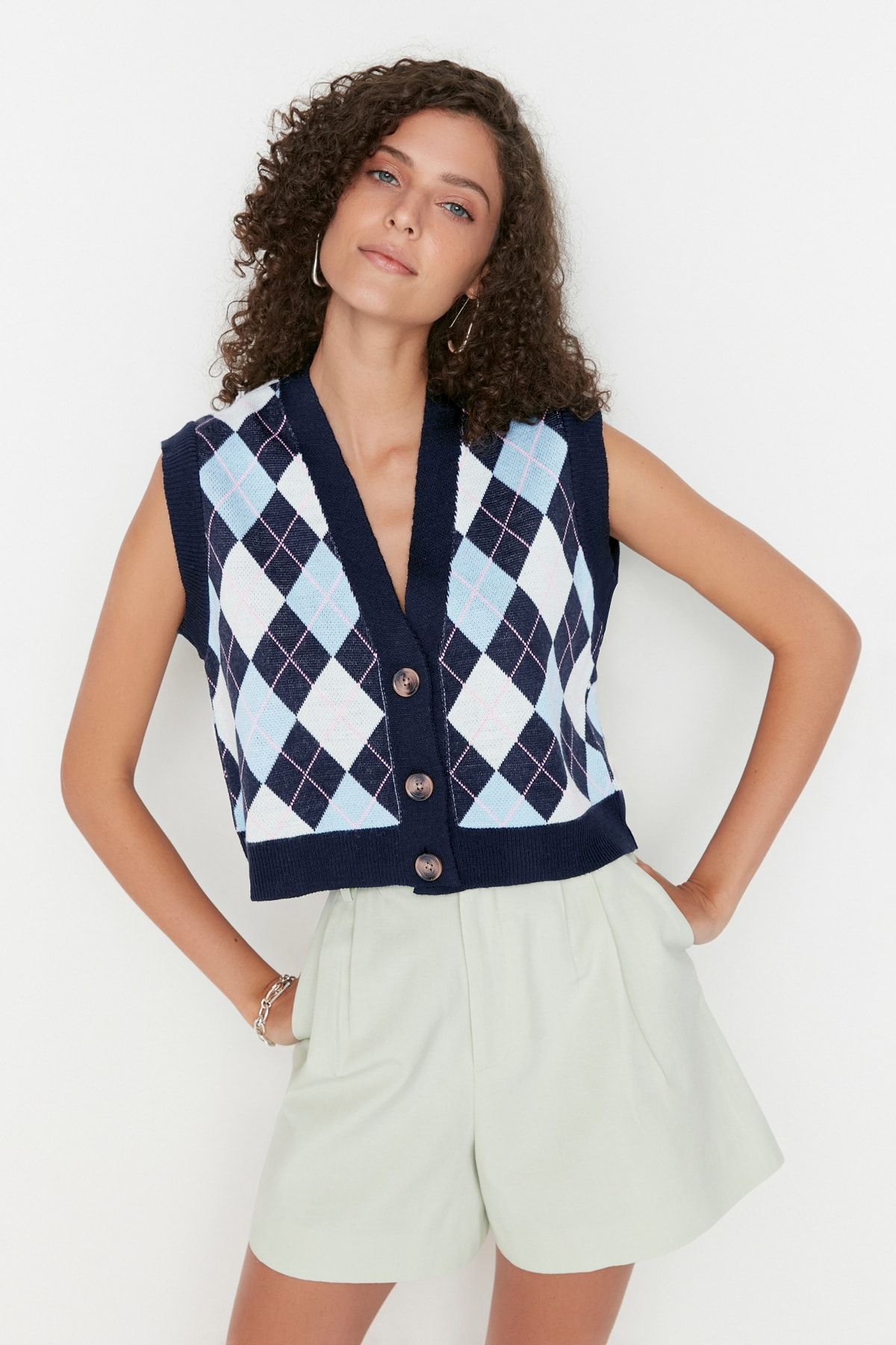 Trendyol Collection-V-nyakú sötétkék kötöttáru-mellény - TWOAW22BZ0047 4