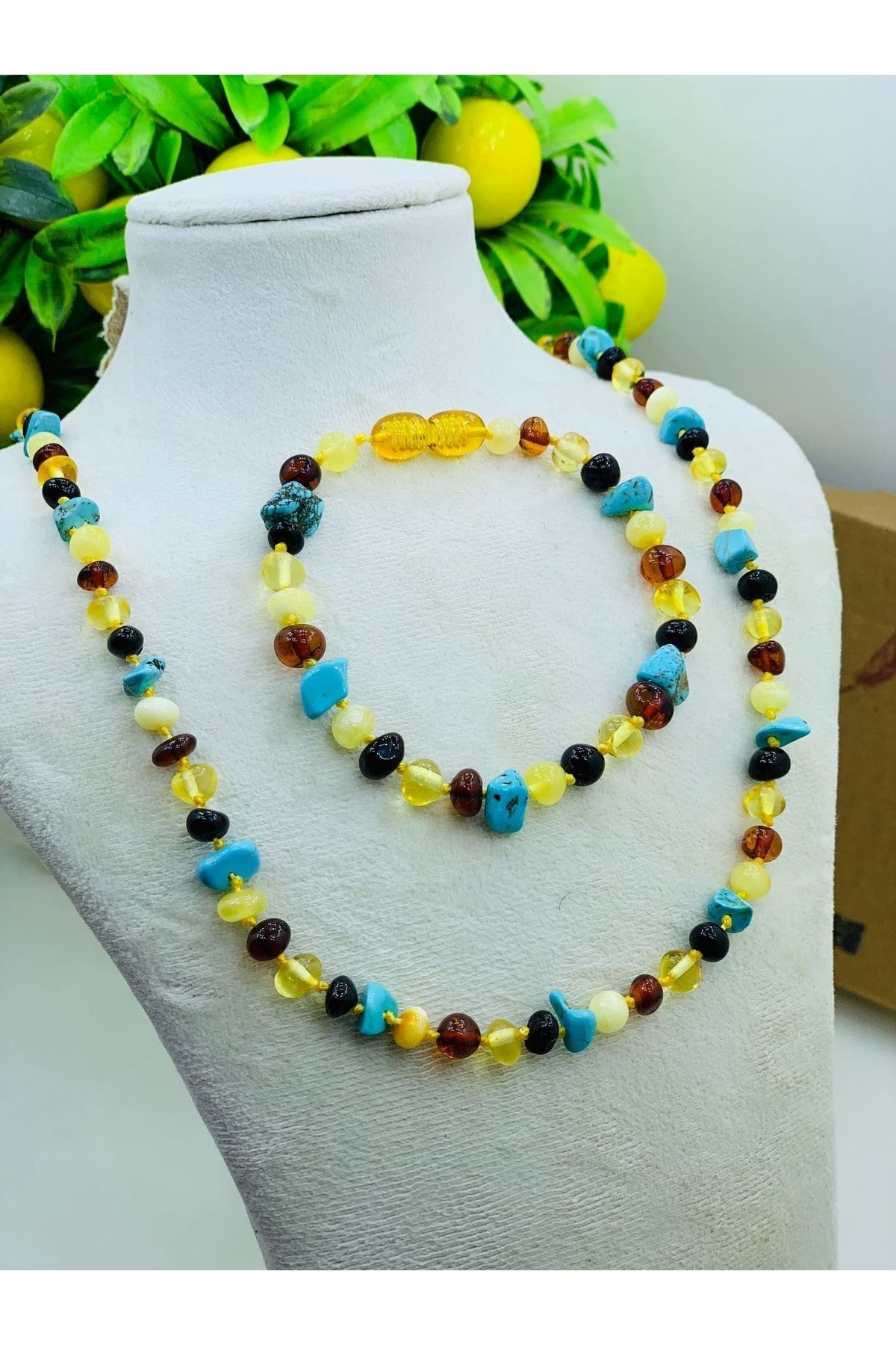 Stylemaks Model Firuze Baltık Damla Kehribar %100 Orjinal 45 Cm Yetişkin Kolye Bileklik- Set