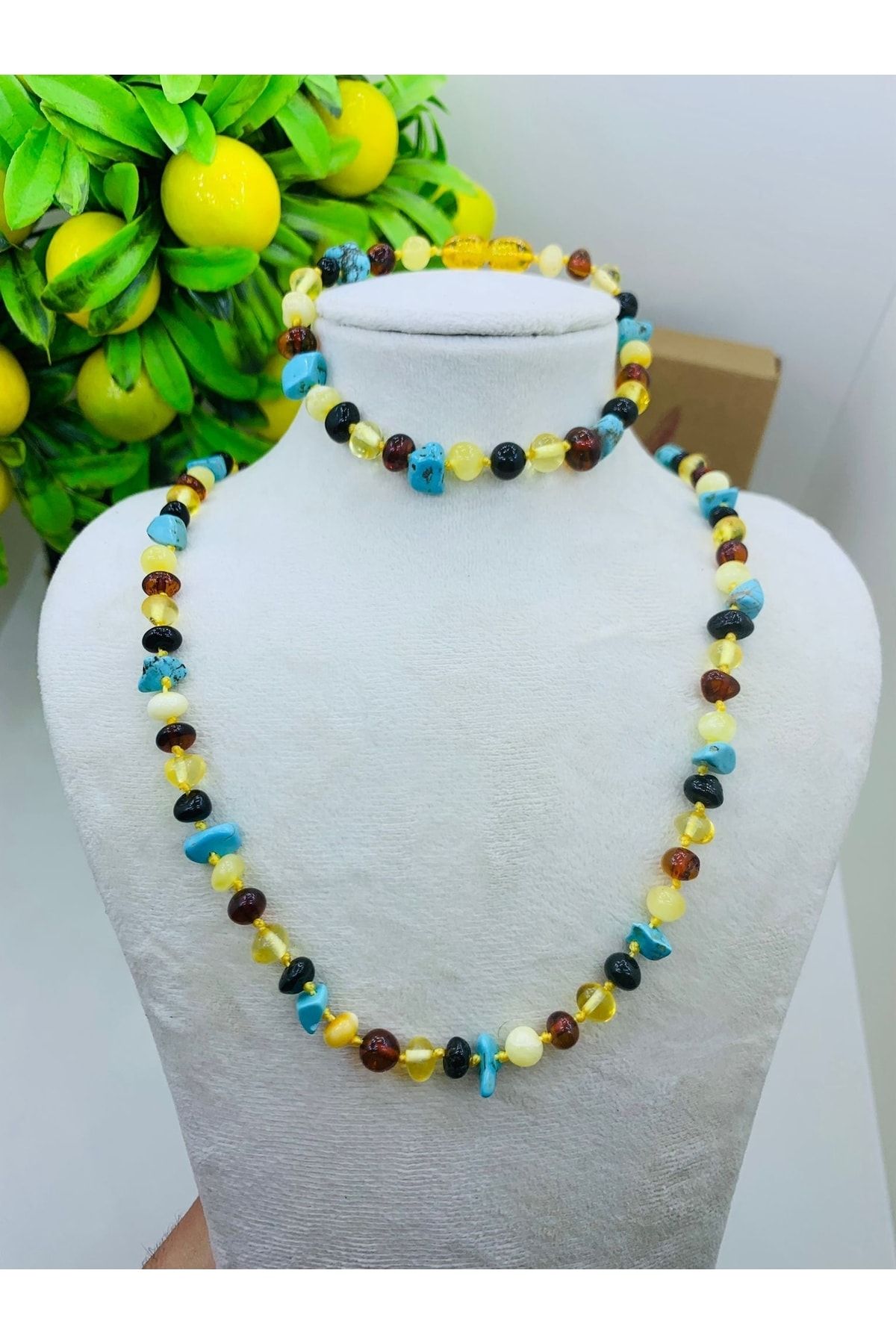 Stylemaks Model Firuze Baltık Damla Kehribar %100 Orjinal 45 Cm Yetişkin Kolye Bileklik- Set