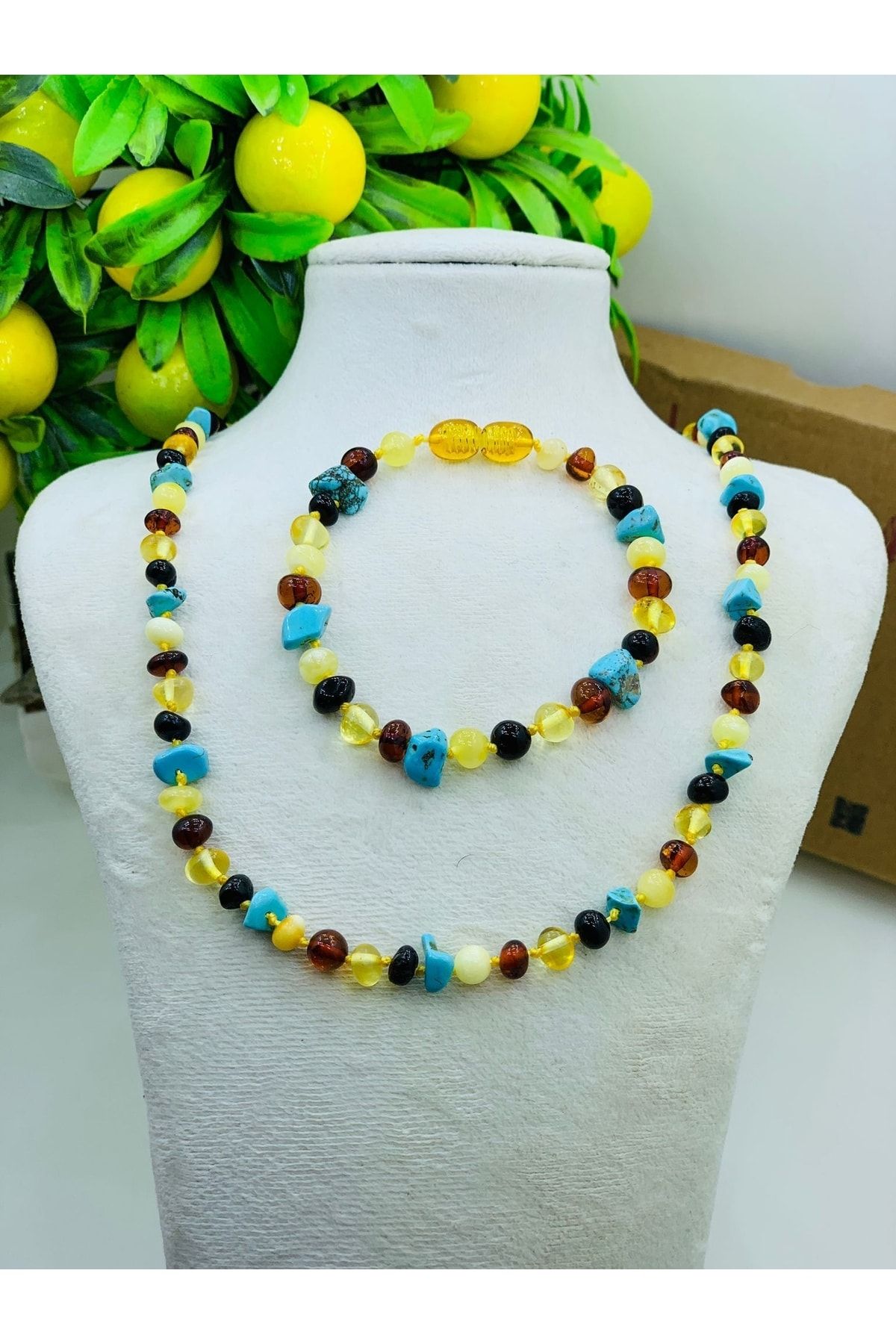Stylemaks Model Firuze Baltık Damla Kehribar %100 Orjinal 45 Cm Yetişkin Kolye Bileklik- Set