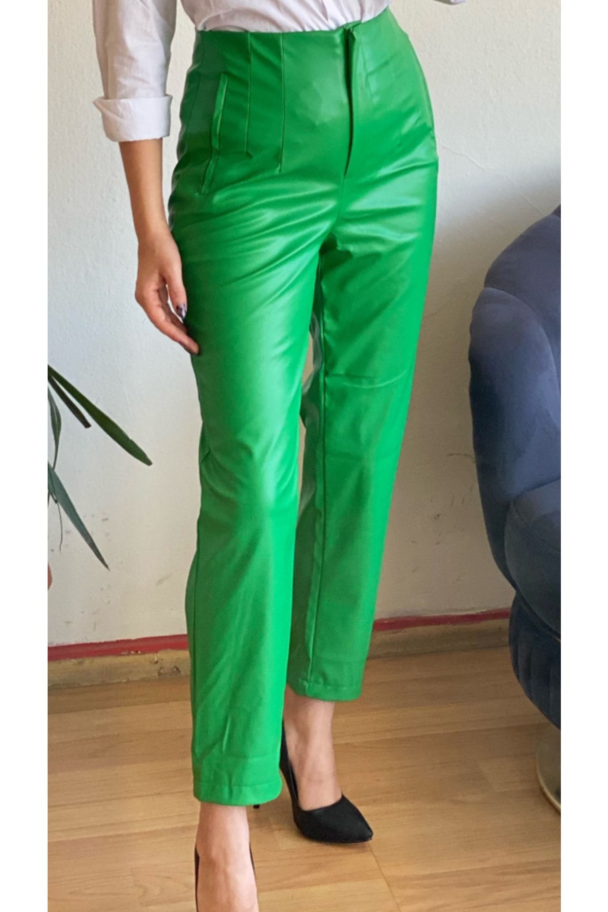 TUĞBALİ Kadın Yeşil Renkli Zara Model Pensli Deri Pantolon Fiyatı