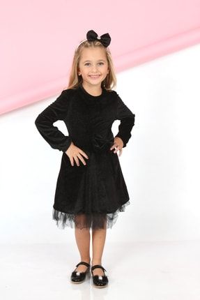 Kız Çocuk Kadife Kumaş Tül Detaylı Diz Boyu Tokalı Elbise ELB-0003
