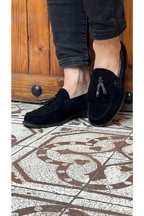Püsküllü Corcik Süet Siyah Klasik Erkek Kadın Unisex Ayakkabısı 1182564