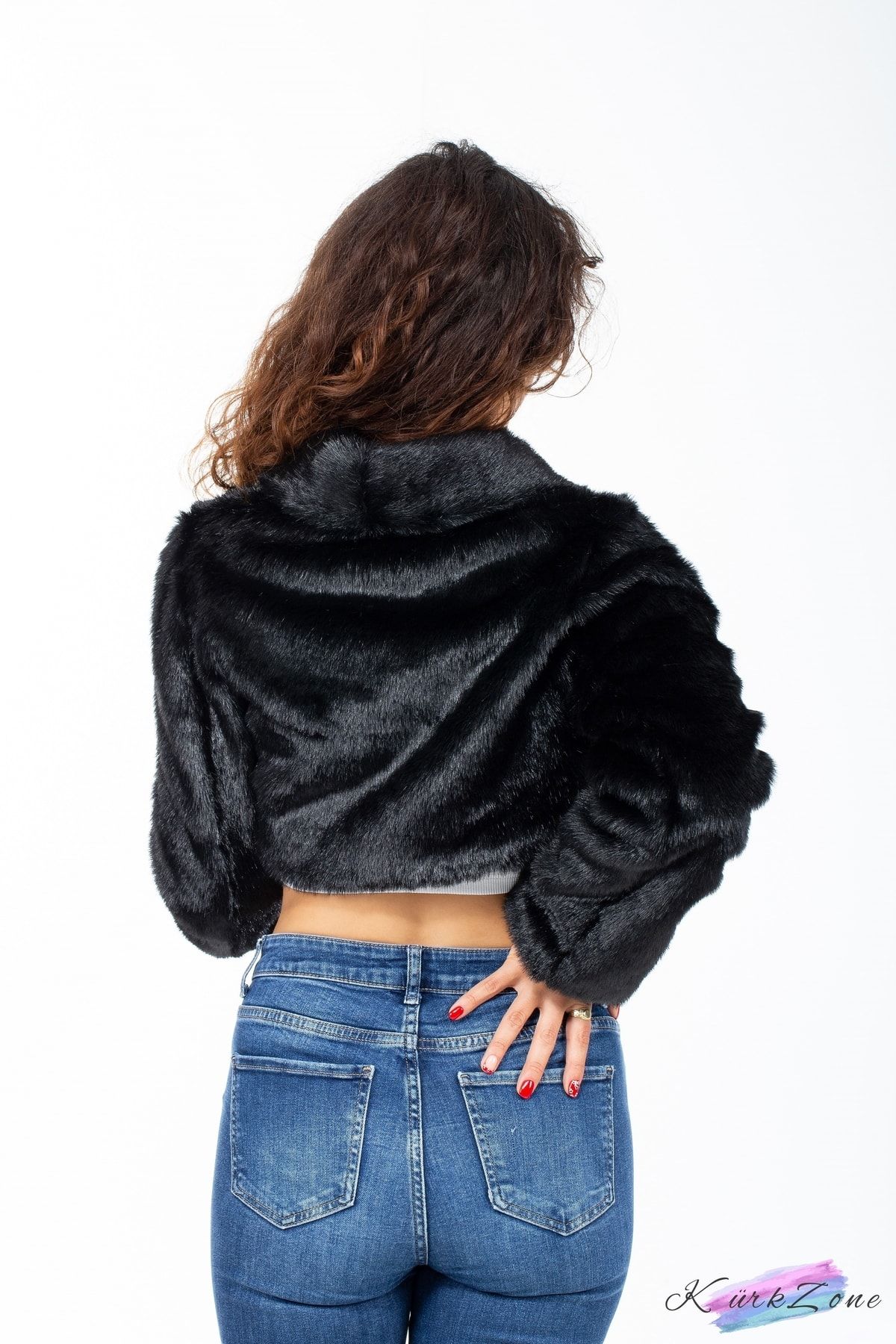 KürkZone-Women's Black Long Sleeve Fur Evening Dress Bridal Bolero 4