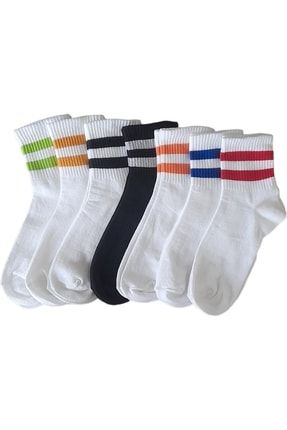 Unisex Beyaz Çizgili Pamuklu Yarım Konç Çorap 7 Li FSH3
