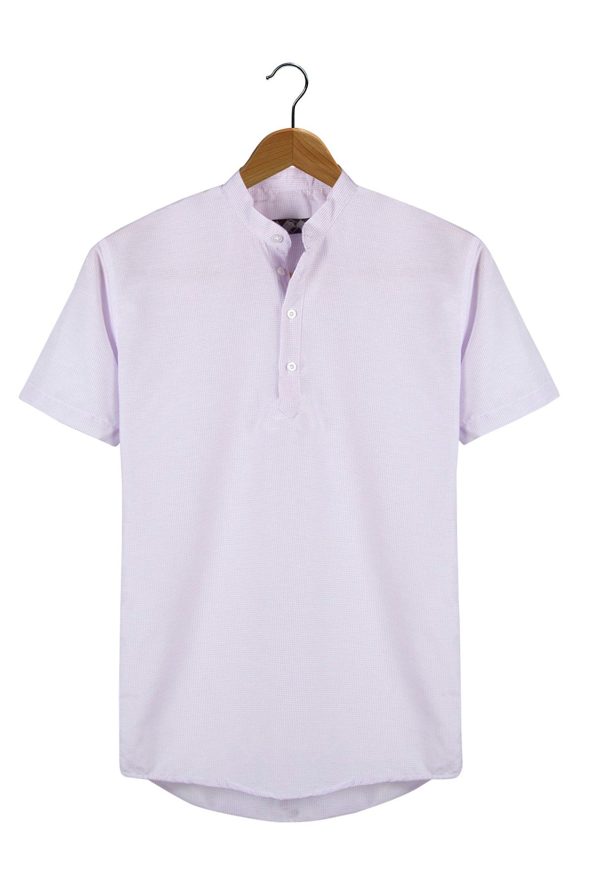 VEAVEN-Cămașă pentru bărbați cu guler liliac, în carouri, cu mânecă scurtă, slim fit 1