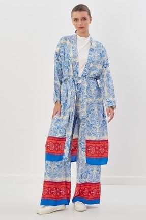 Desenli Kimono Takım Mavi FM5883