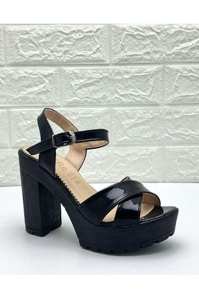 Siyah Kadın Çapraz Rugan Dolgu Topuklu Ayakkabı - Siyah Rugan - 36 BA04068