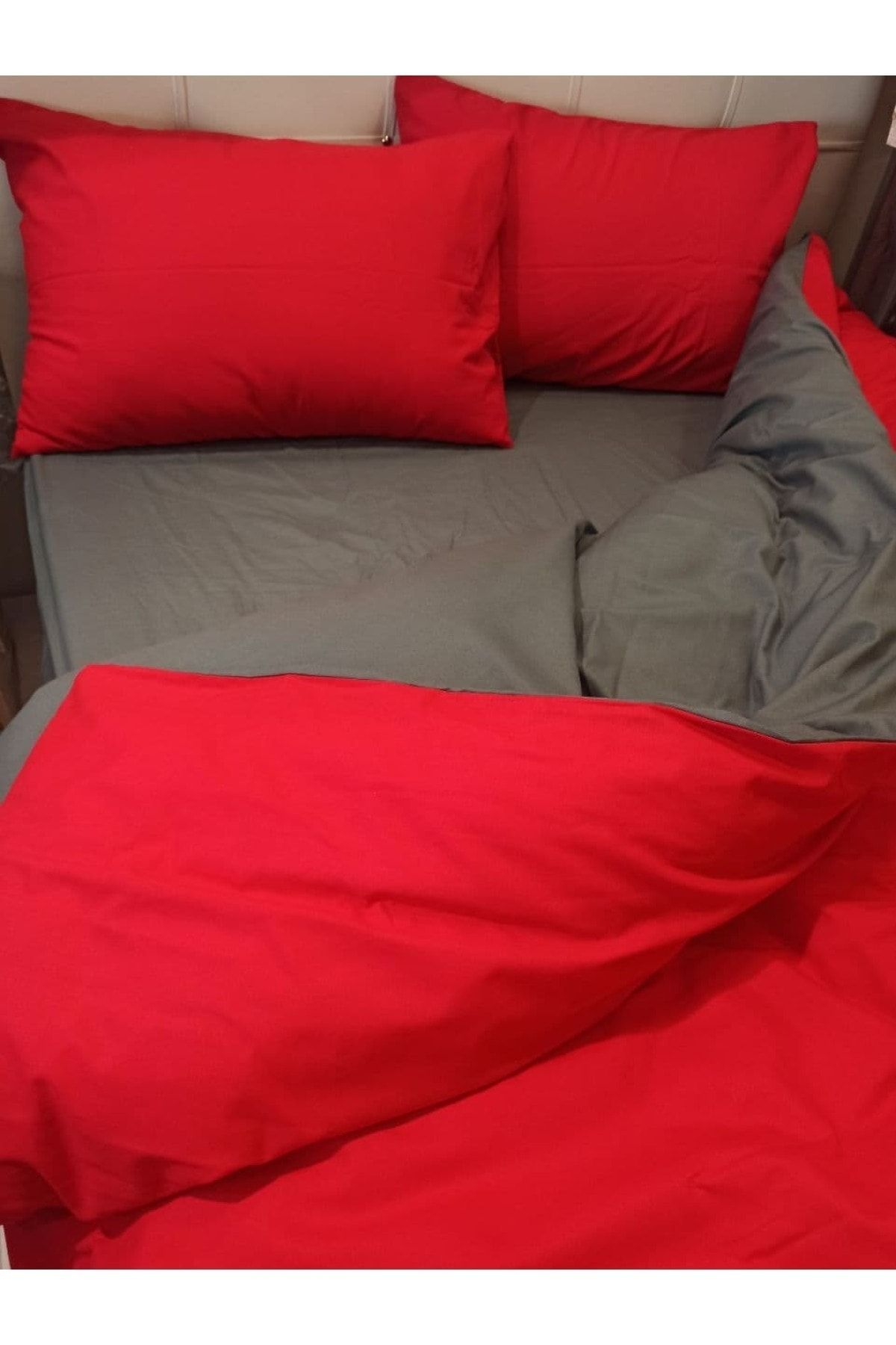 ŞENER HOME-Double Sided Useable Sheet Elastic Double Duvet Cover Set - Red, Gray 3