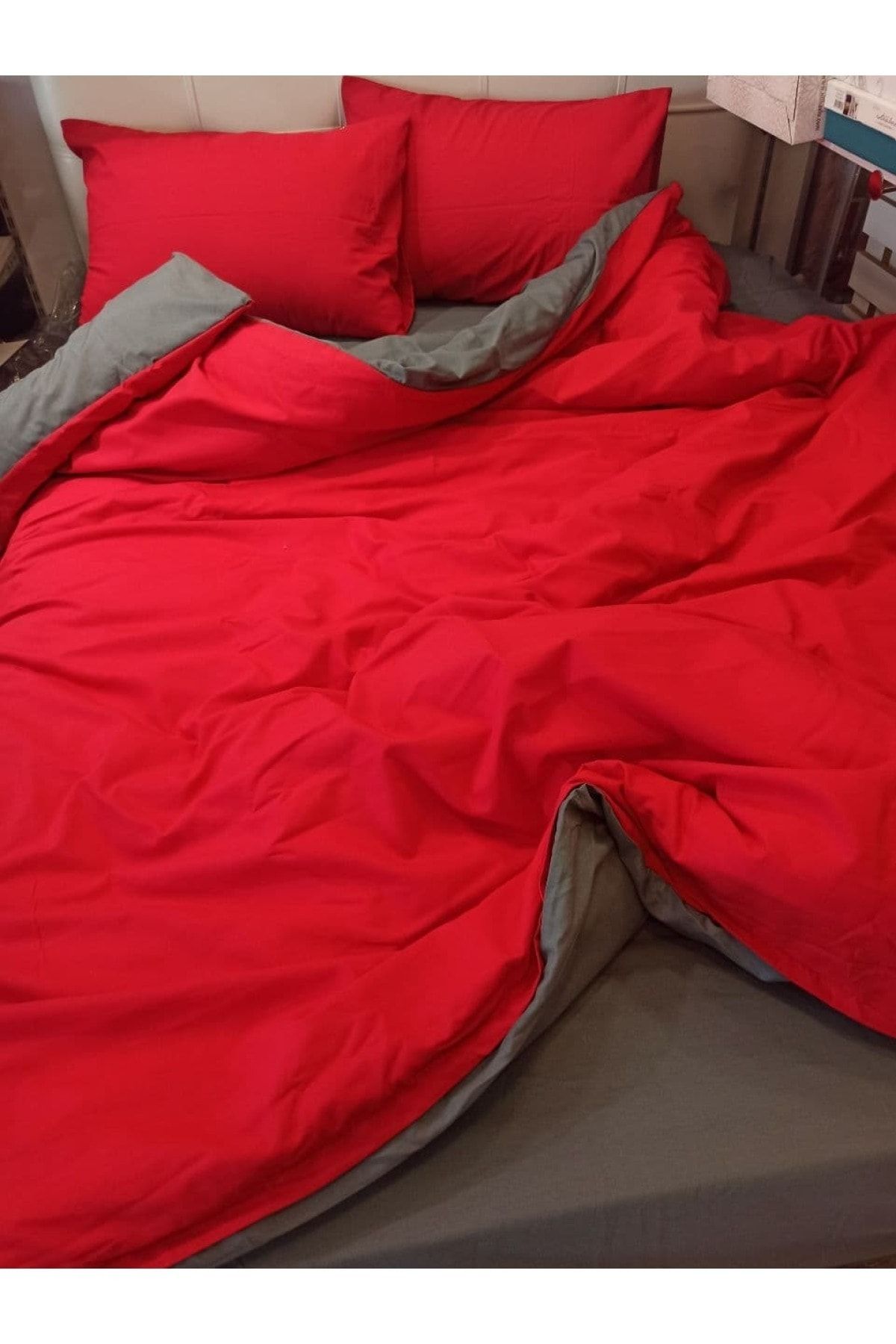 ŞENER HOME-Double Sided Useable Sheet Elastic Double Duvet Cover Set - Red, Gray 6