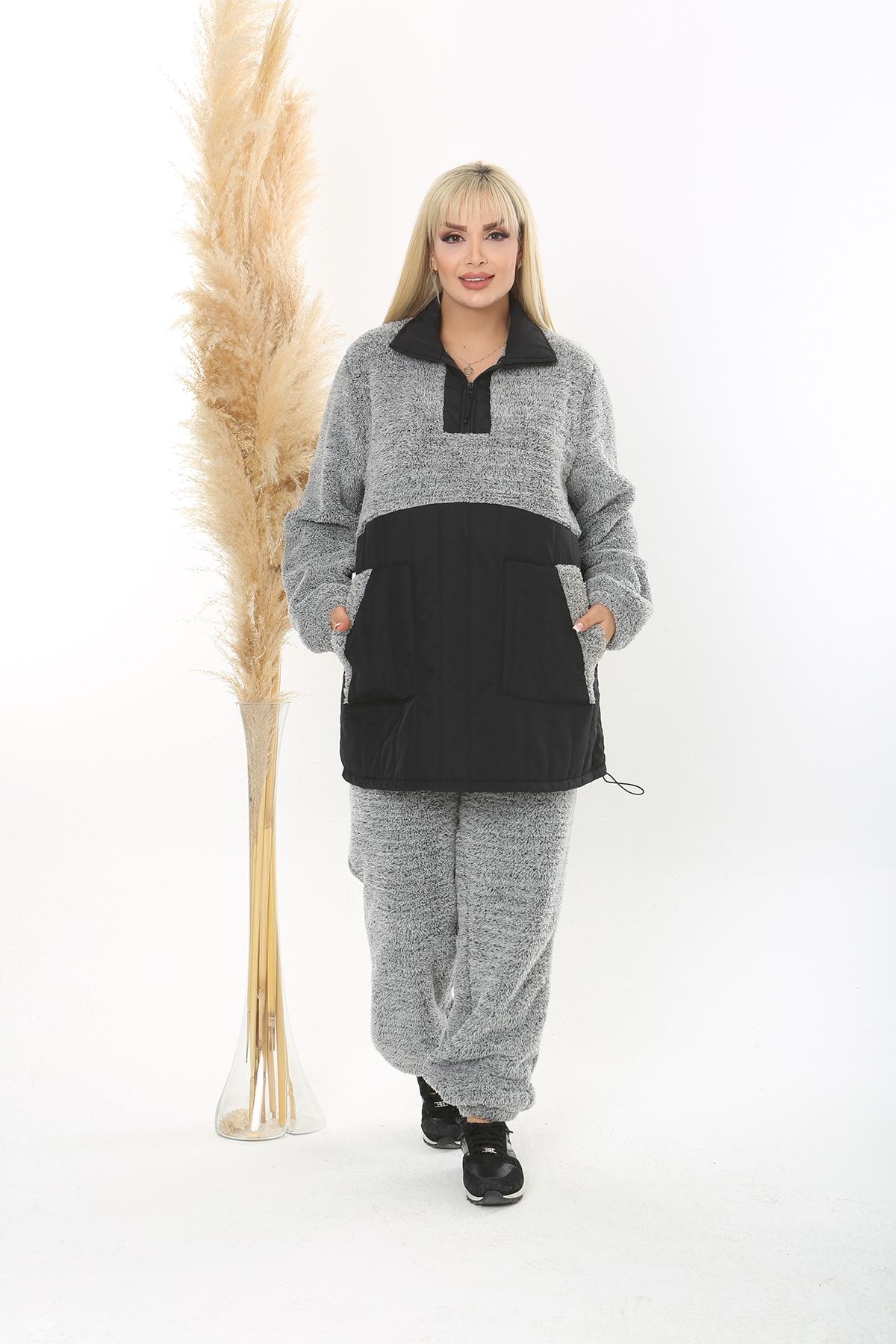 XL Modam-Set de pluș pentru femei de mărime mare, gri și negru 2