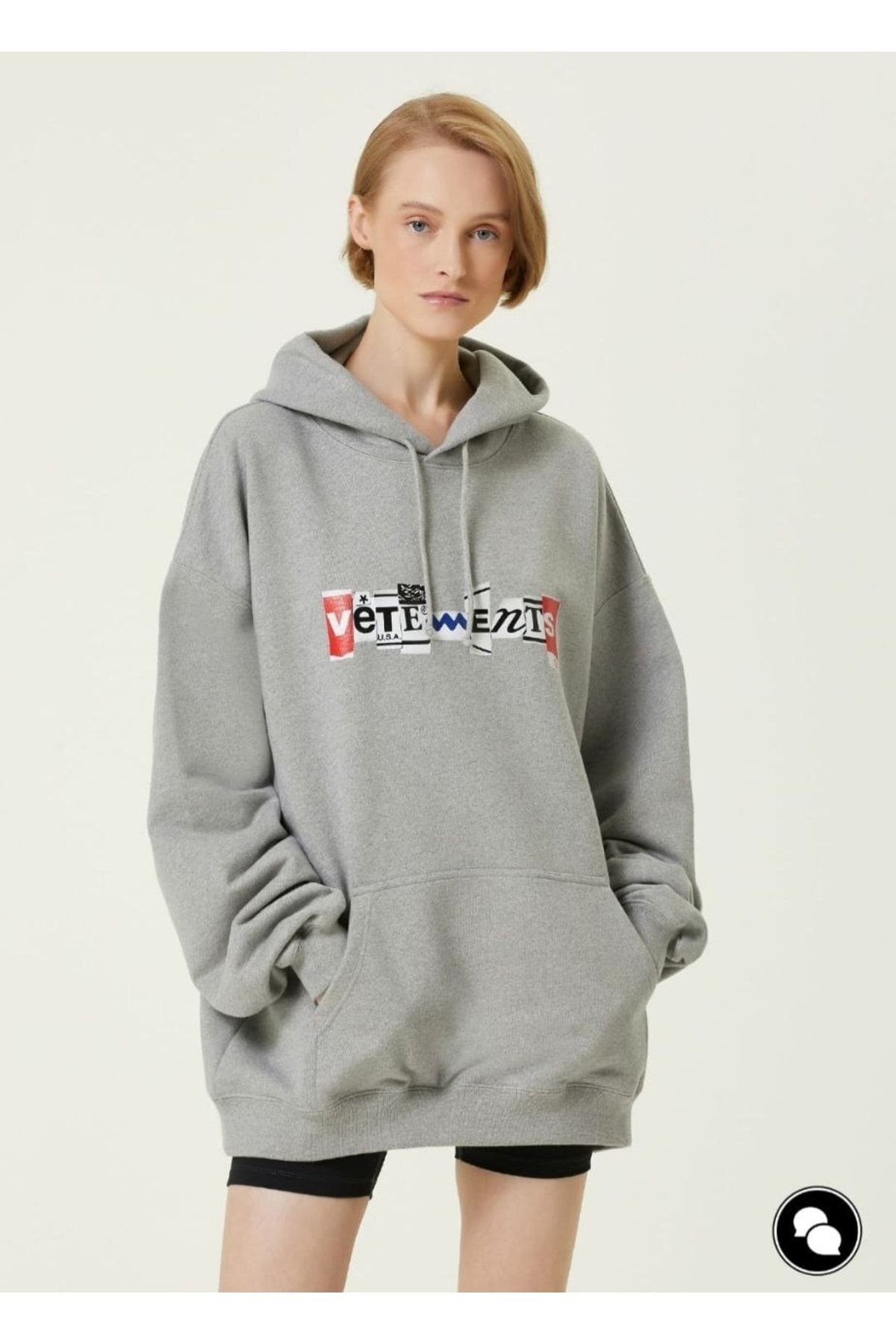Vetements Unisex Oversize Logo Drawstring Gri Sweatshirt Kad n Giyim