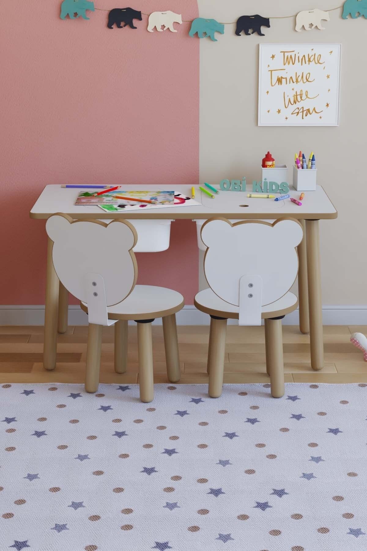 OBİ Atölye 2 Sandalyeli Yaz-sil Yüzey Çocuk Çalışma Masası 90x45 Cm Sepetli Çocuk Oyun Aktivite Masası - Panda