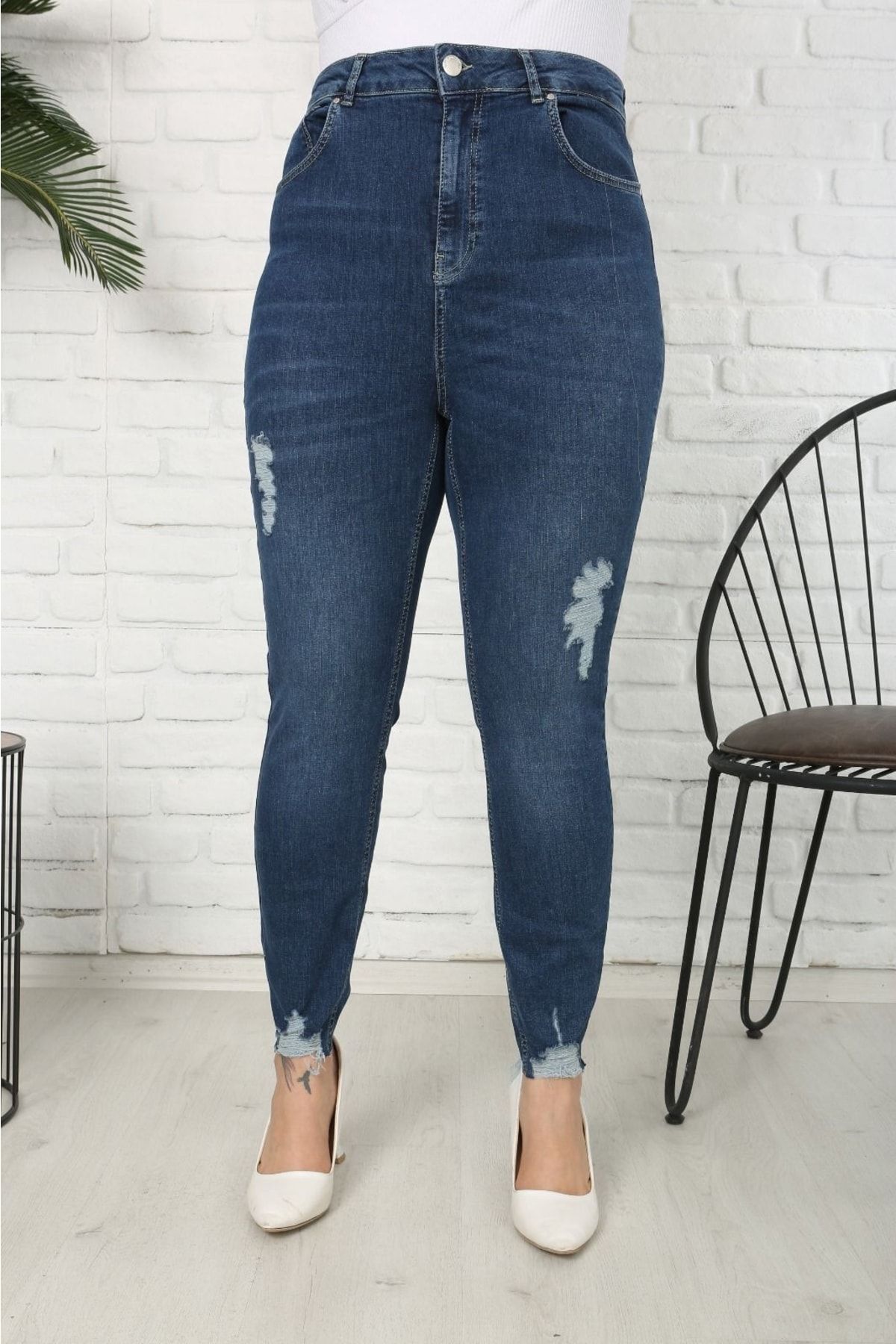 Mavi Renk Süper Yüksek Bel Lazer Kesim Likralı Jeans Pantolon