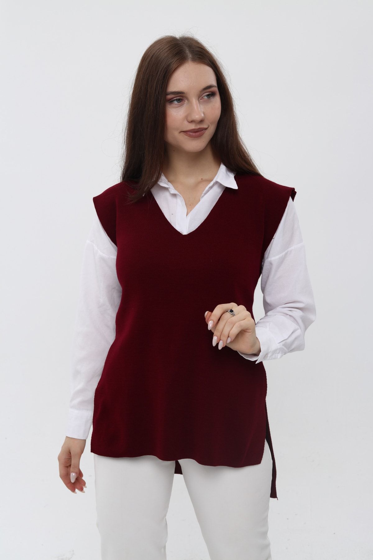 moda ananas Women s Burgundy V Neck Belted Long Knitwear Sweater