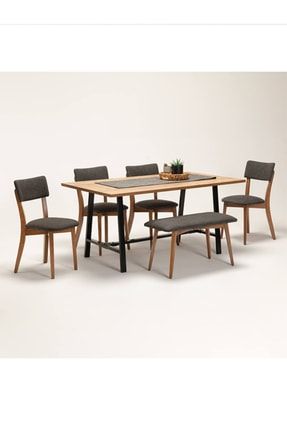 Yemek Odası Takımı Açılır Metal Ayaklı Yemek Masası Ahşap Cilalı Iskandinav Döşemeli Sandalye Ve Puf LOT160AÇMS-SN-022-LOT02PF