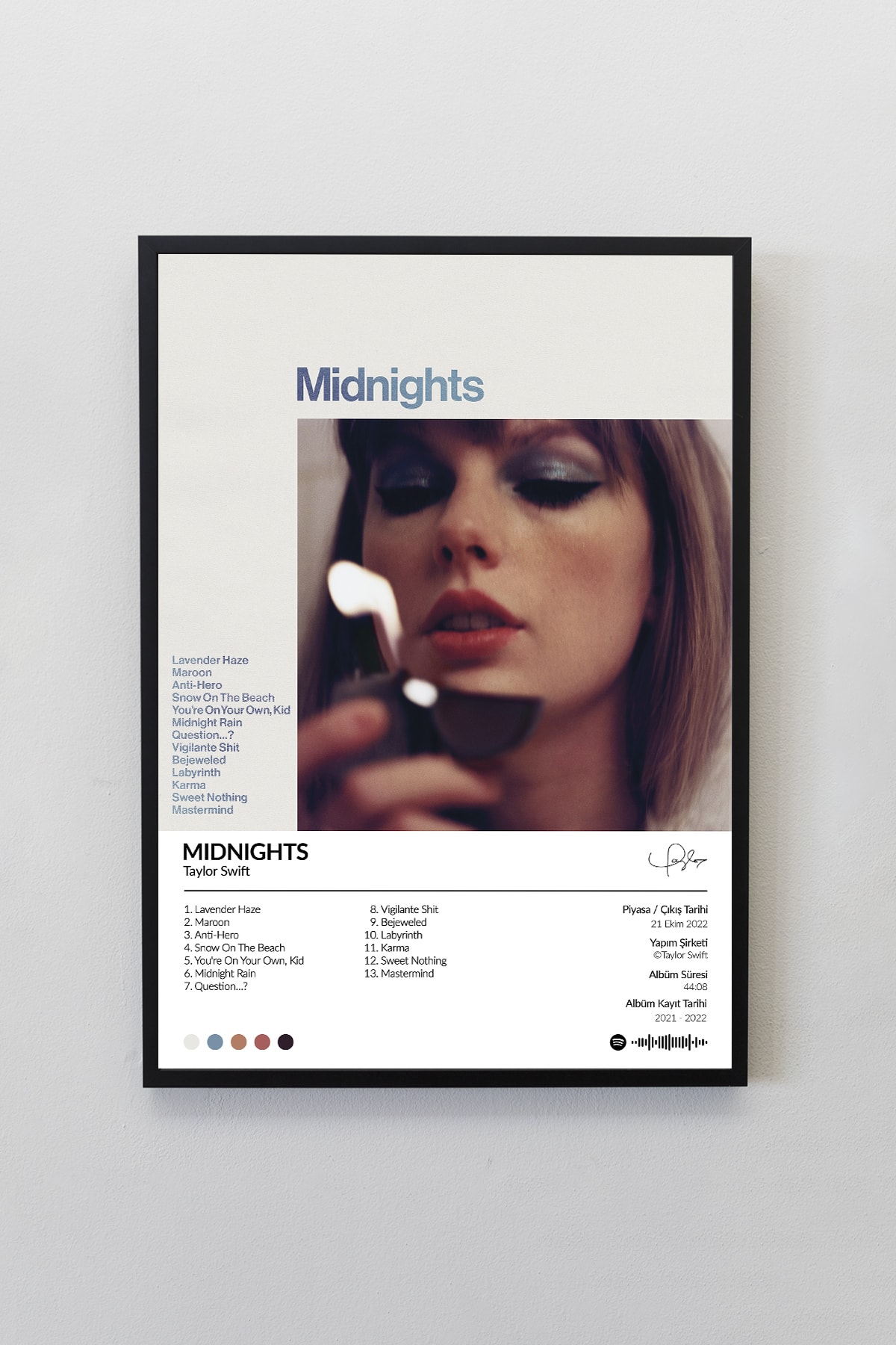 House Gorgeous Taylor Swift Midnights Albümü Siyah Çerçeveli Spotify Barkodlu Albüm Poster Tablo