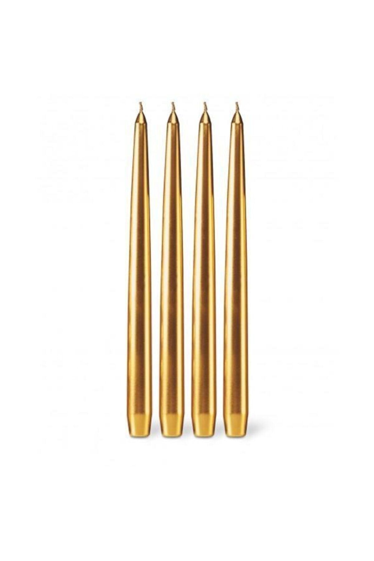 14Süs 4 Adet Altın Konik Şamdan Mumu,gold Şamdan Mum 25 Cm Çok Şık