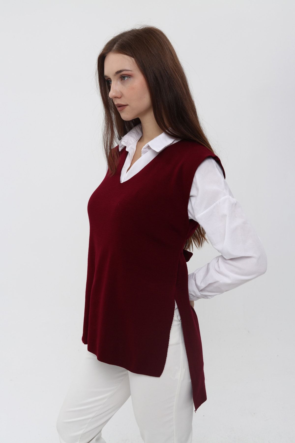moda ananas Women s Burgundy V Neck Belted Long Knitwear Sweater