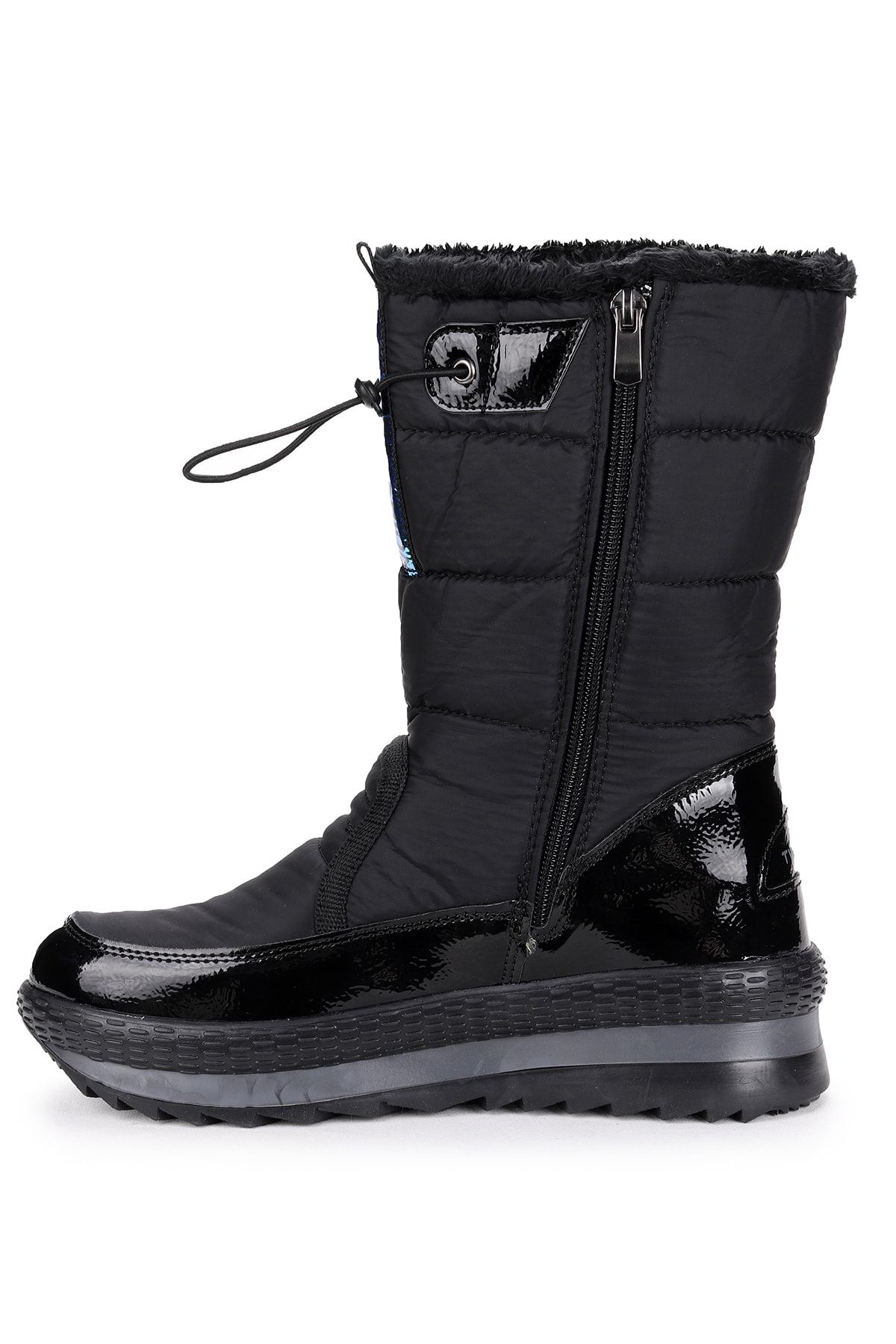 WOGGO-Schwarze Schneestiefel aus Lackleder für Damen mit Fell an der Innenseite, Reißverschluss, wasser- und kältebeständig 5