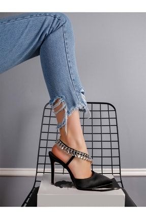 Siyah Kadın Saten Taşlı Klasik Topuklu Ayakkabı - Siyah - 37 BA03984