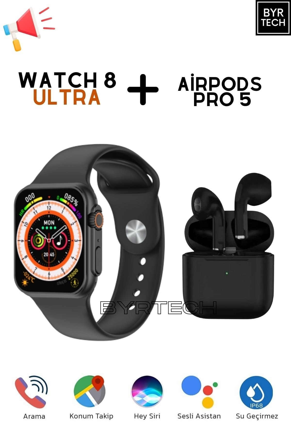 BYRTECH Watch 8 Ultra Akıllı Saat + Airpods Pro 5 Mini Bluetooth Kulaklık