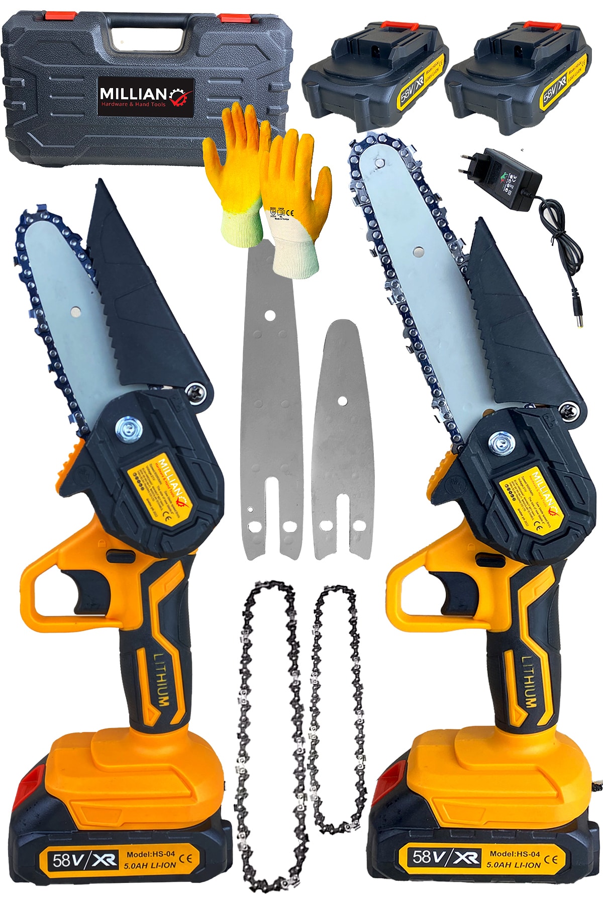 Millian 58 V 5 Ah 10-15 cm Uzun Kısa Pala Ve Zincir 2x Akü Çantalı Şarjlı Dal Kesme Budama Testere Makine