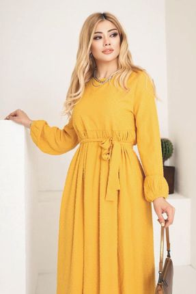 Kadın Hardal Sarı Bel Kuşaklı Astarlı Elbise VSKN01