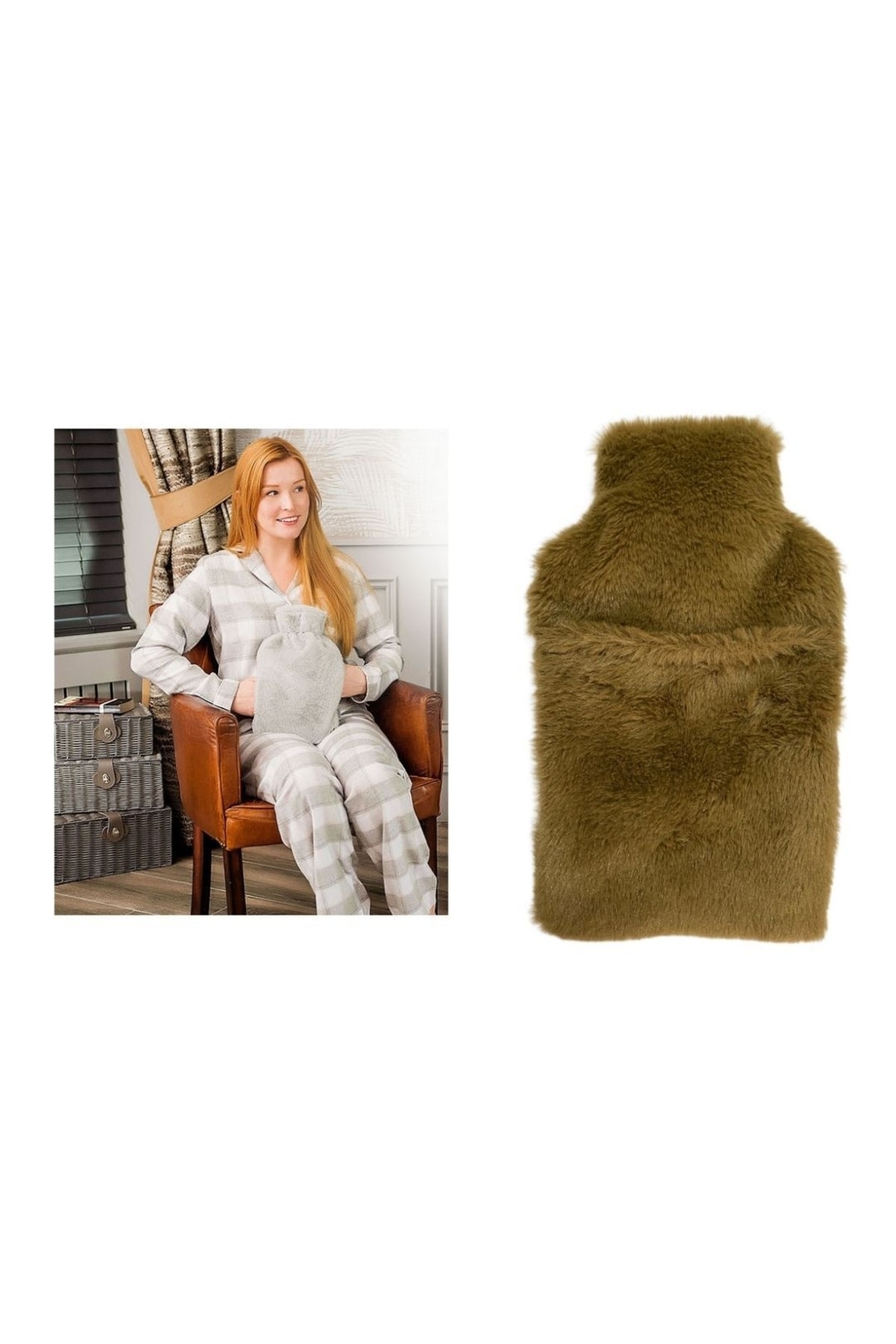 Bosphorus Sıcak Su Torbası Cepli Kahverengi Peluş Termofor 35x23x2cm 1 Litre