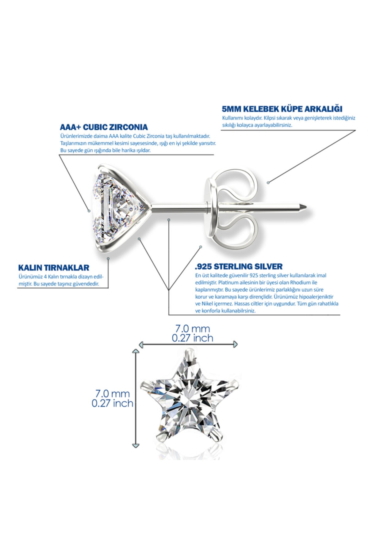 ,925 Ayar Gümüş,7mm, Beyaz, Yıldız Kesim (STAR CUT), Tektaş, Zirkon, Pimli Küpe 2