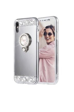 Apple Iphone Xs Max Kılıf Aynalı Taşlı Yüzüklü Standlı Arka Koruma Gümüş İ60