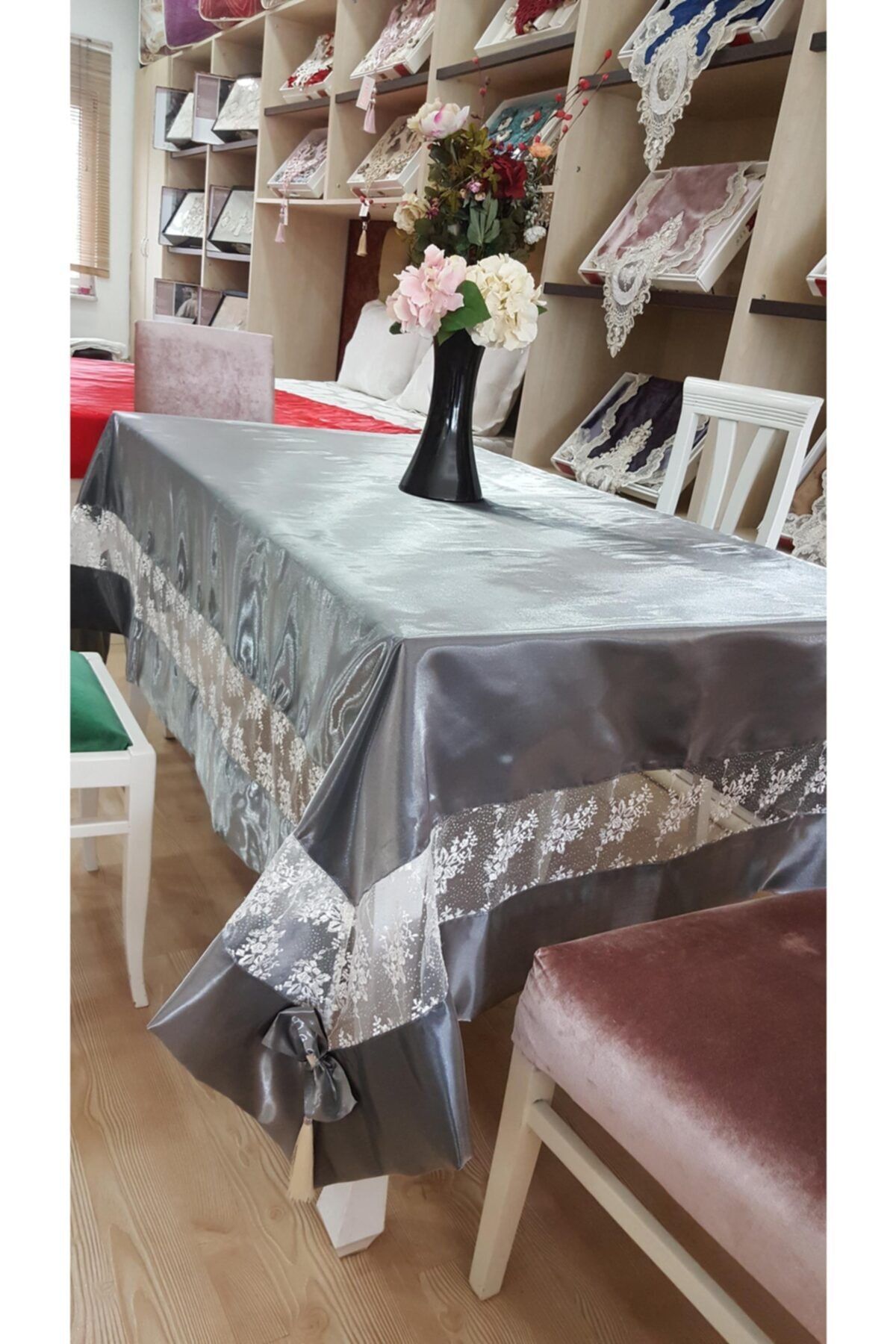 Gray lace tablecloth deals