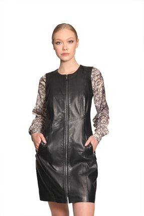 Gerçek Kuzu Deri Kadın Elbise Fermuarlı Hakiki Deri Elbise-yelek DGBD-15612