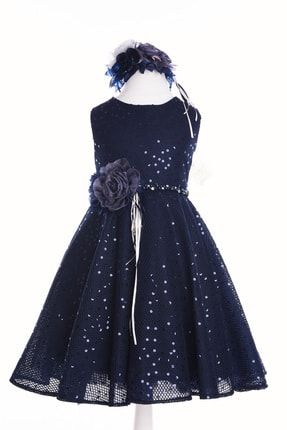 Özel Tasarım Kız Çocuk Elbise, Lacivert, Payetli, Beli Işleme Kemerli, Taç Aksesuarlı Elbise M1977