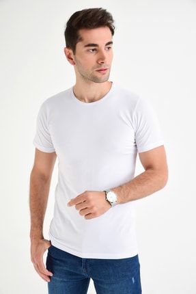Erkek Beyaz Bisiklet Yaka Likralı Basic T-shirt T338