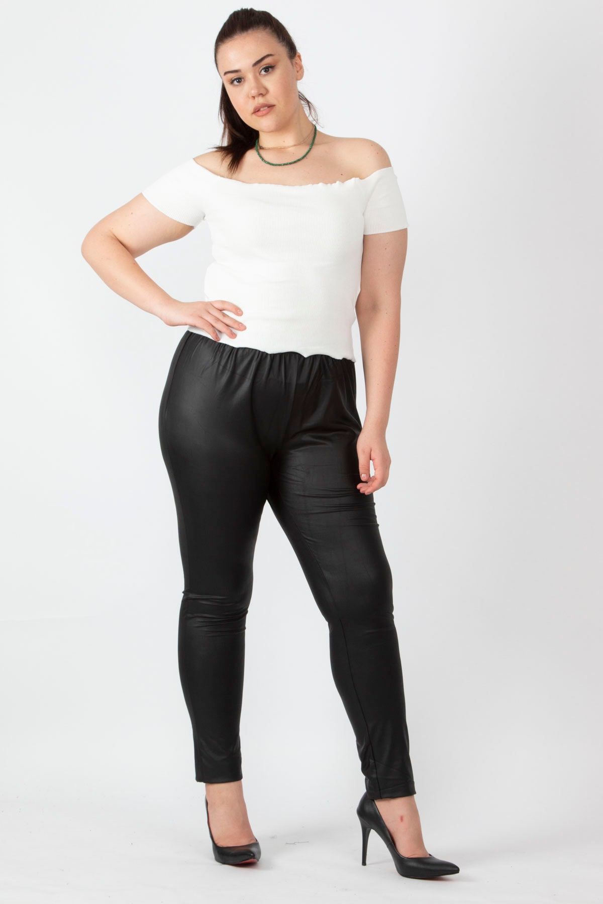 Black leather look trousers plus size discount