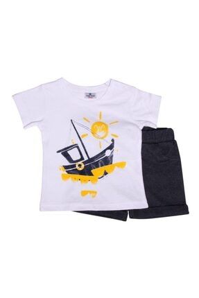 Baby Erkek Tekne Beyaz Kısa Kollu T-shirt & Koyu Gri Şort Takım Lgb-5120-6 PRA-1649135-684860