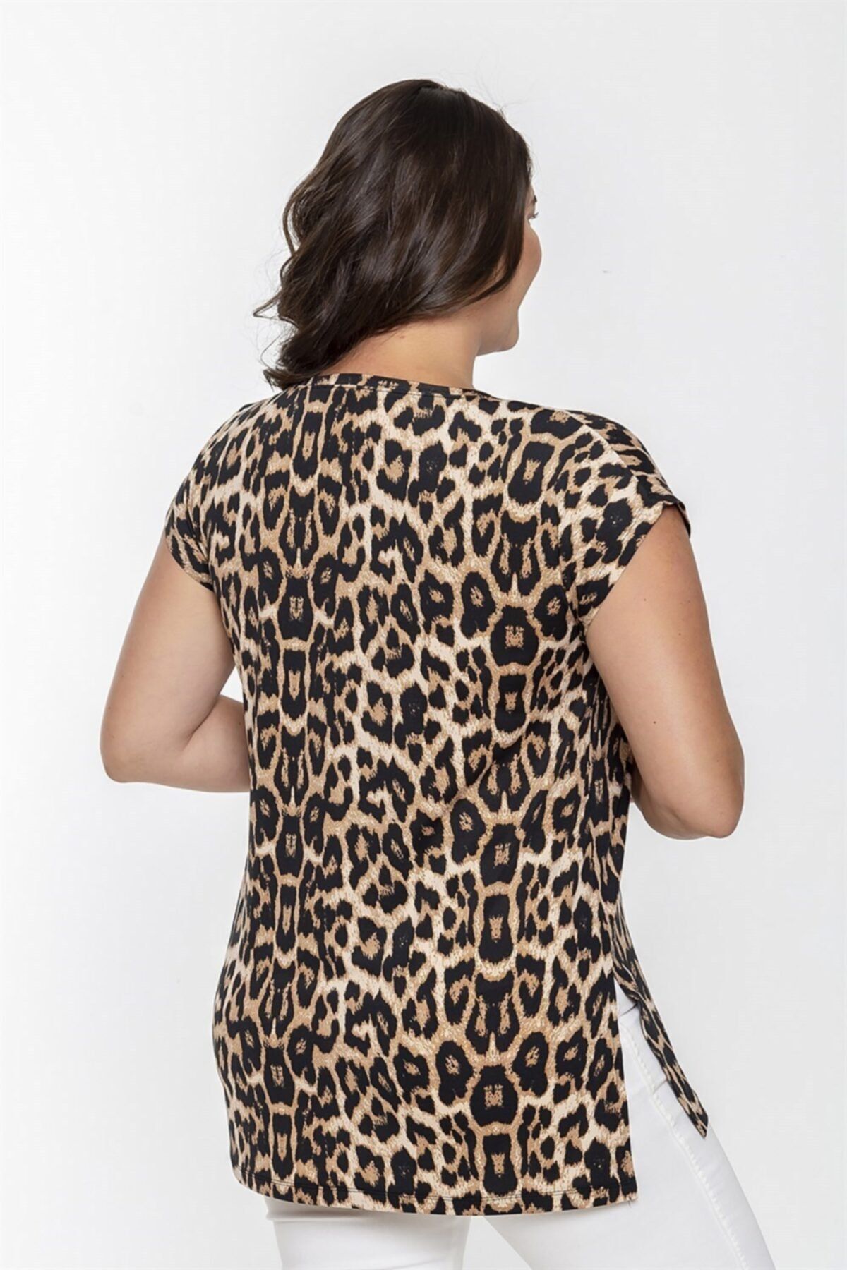 Seamoda V Neck Leopard Pattern Short Sleeve Slit Blouse brown