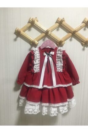 Dantel Ve Kurdele Detaylı Özel Tasarım Kırmızı Kız Çocuk Bebek Elbise 141