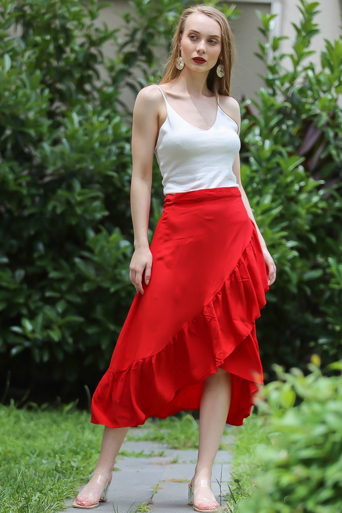 Chiccy Kadin Kirmizi Retro Anvelop Baglama Detayli Firfirli Etek M10110000et99386 Trendyol