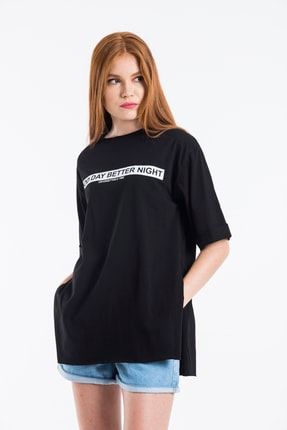 Kadın Siyah Good Day Baskılı Oversize T-shirt 1028